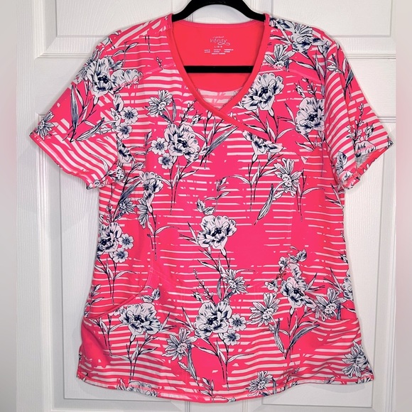Cherokee Infinity Women's Scrubs Top Mock Wrap - Pink Floral - Size Large - Picture 1 of 8